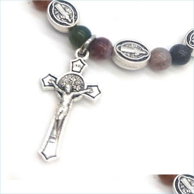 Beaded Strands Natural Stone Agate Cross Armband Strands Rosary of Jesus Pärlade armband Elasticitet Handgjorda droppleverans 2021 Juden Dh4JT