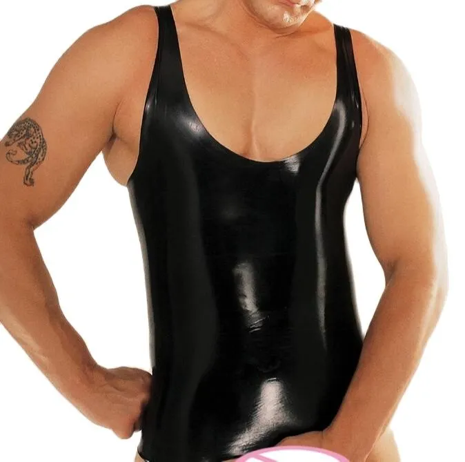 Модные костюмы костюмы ПВХ искусственная кожаная цельный мужской нижний белье мужчина топ-танки черные жилеты