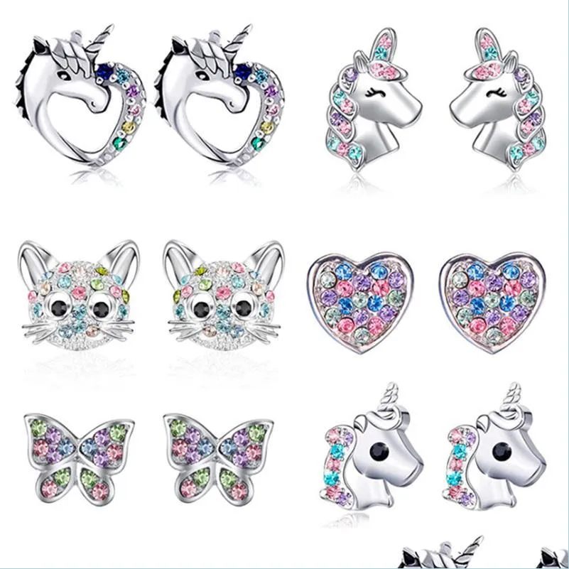 Stud Mignon Boucles D'oreilles Pour Petite Fille Enfants Cristal Chat Papillon Arc-En-Cœur Étoile Boucle D'oreille Cadeau De Noël Bijoux Drop Delivery 202 Dhhbd