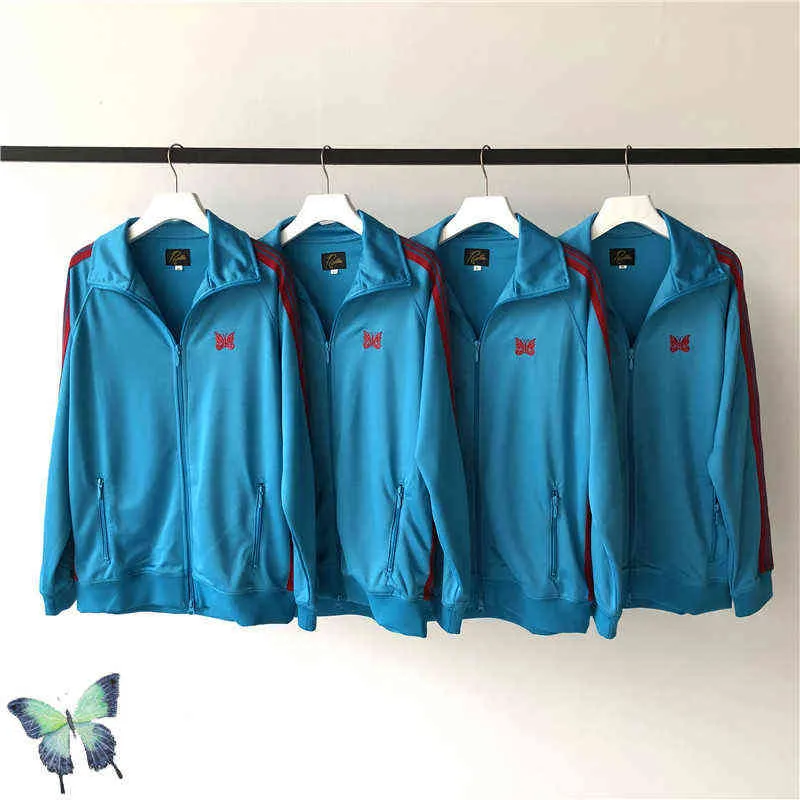 Men's Jackets Awge Needles Track Blue and Red Stripbing Butterfly Bordery Awge Zipper Chaqueta T220914