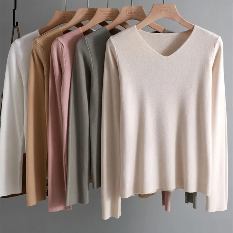 Kvinnors stickor Tees Chic Casual Autumn Winter Basic tröja Pullovers Women V-ringning Solid Knit Slim Pullover Kvinnlig långärmad varm kaki-tröja 220915