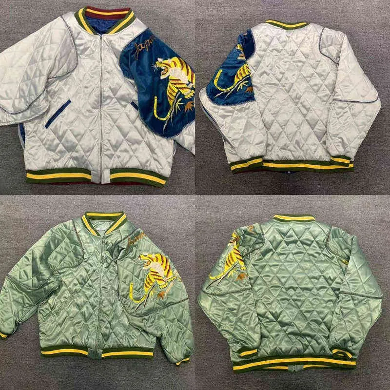 Herrjackor roliga tiger broderi mönster kudde jackor för män kvinnor lapptäcke baseball zip jackor t220914