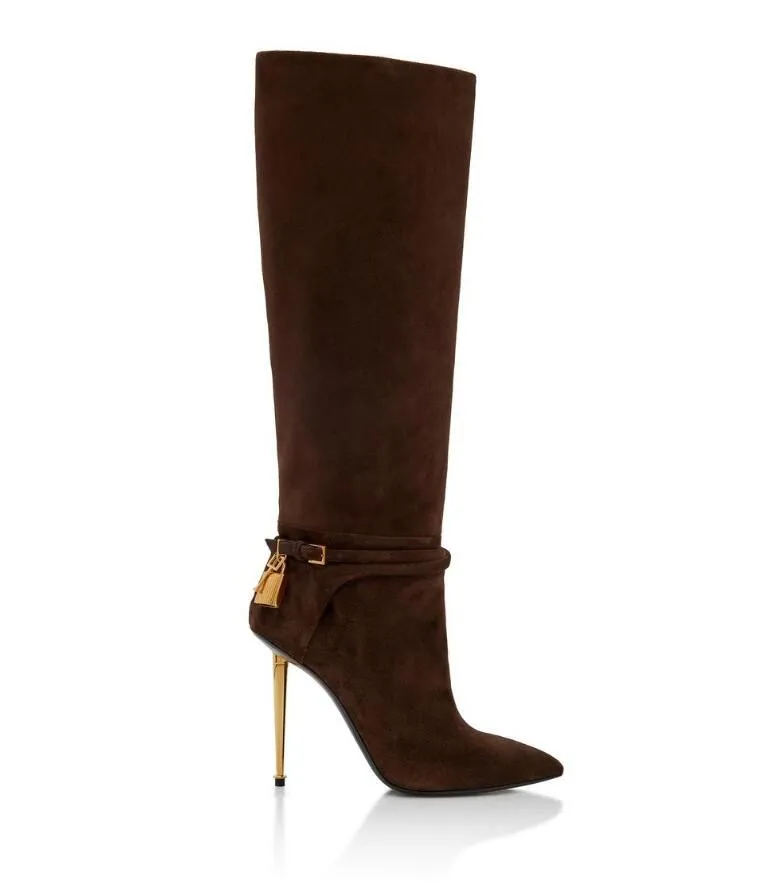 Elegante Damen-Wintermarken, Vorhängeschloss-Stiefel, vergoldeter Stiletto-Absatz, lange Kniestiefel für Damen, Gold-Hardware, lange Stiefel, Party-Schuhe für Damen, Größe 35–43