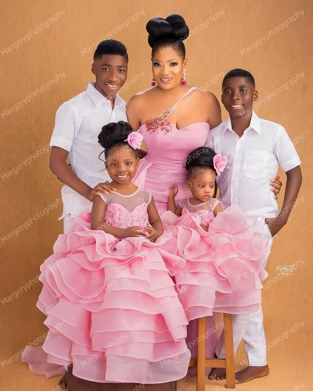 Pink Tulle Pink Princess Prom Dress With Charm Ruffles For Mom And