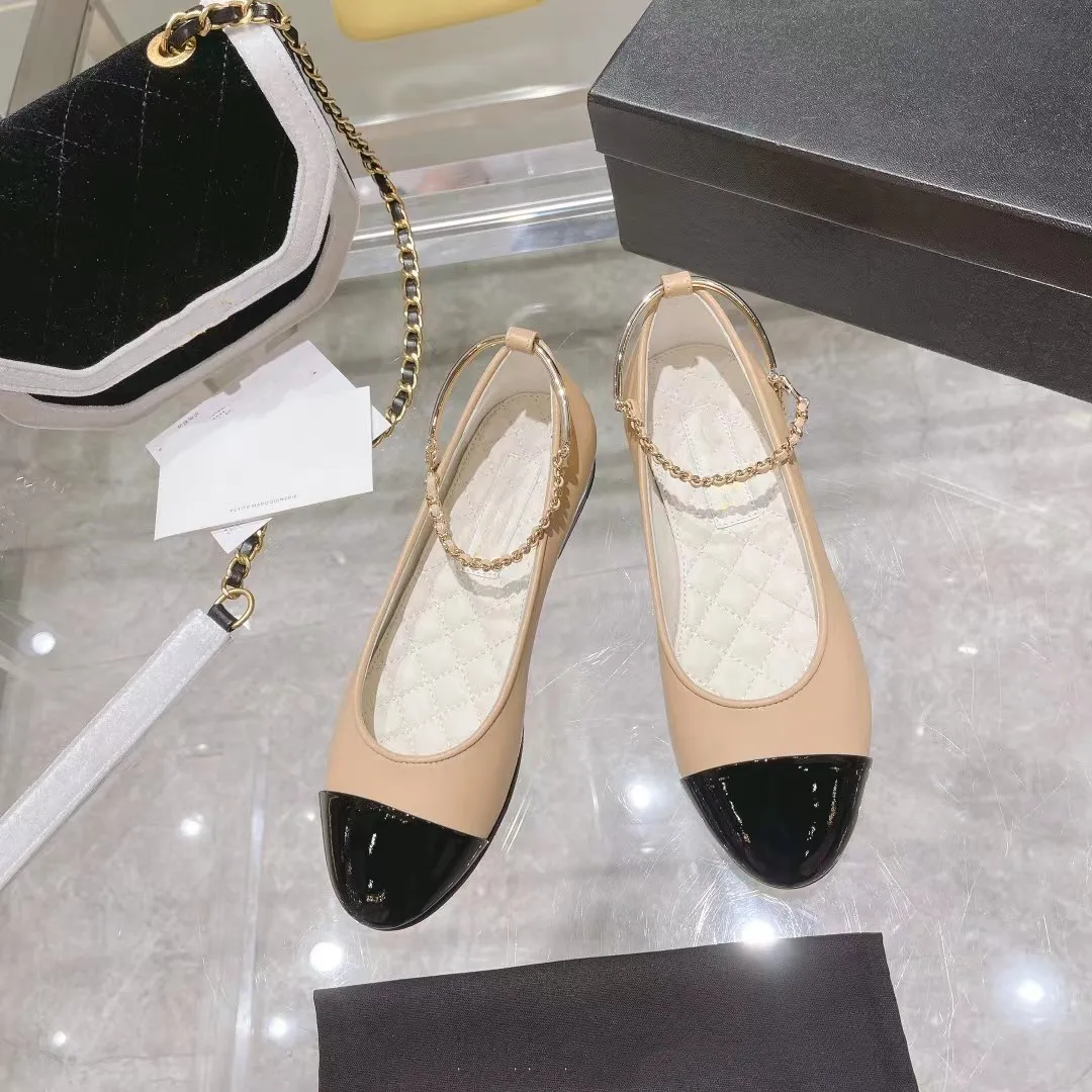 2023 New Classic Women's Flats Colors Mixed Colors أصلي أحذية الباليه من الجلد العلامات التجارية الفاخرة أحذية ملونة جولة إصبع القدم فستان SIZE42