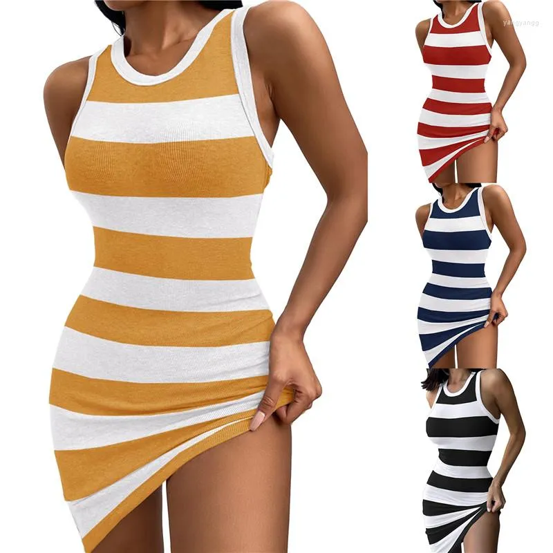 Casual jurken dames zomerjurk slanke slanke ronde nek mouwloos eenvoudig gestreepte printvest verkoop