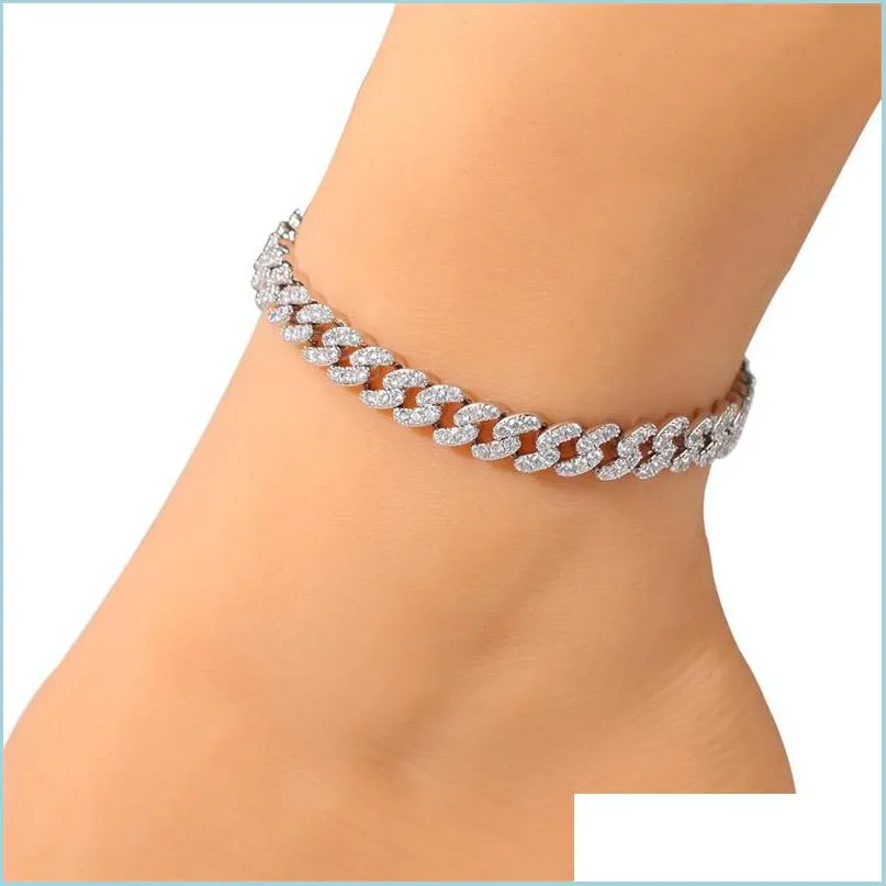 Anklets Women Bransoletka Anklety lodowana kubańska link bransoletki złoto sier różowy diamentowy hip hop łańcuch body biżuteria 668 Q2 Drop de dhlzy