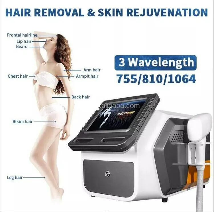 Machine d'épilation au laser à diode puissante glace triple vague 755 810 1064 nm permanent Rajeunissement de la peau Hair Remove suit pour toutes les peaux indolores