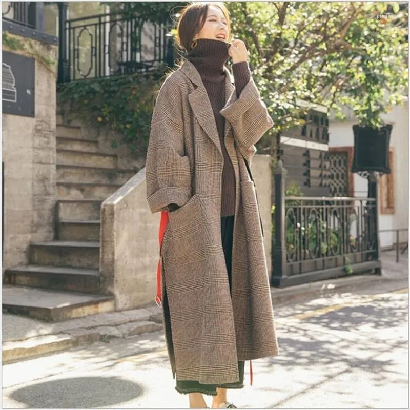 Kvinnors ull kvinnors blandningar vinter kvinnor trench p￤lsa casual lapel krage ￶ppen s￶m kvinnlig ull mode varm ficka plus storlek l￥ng