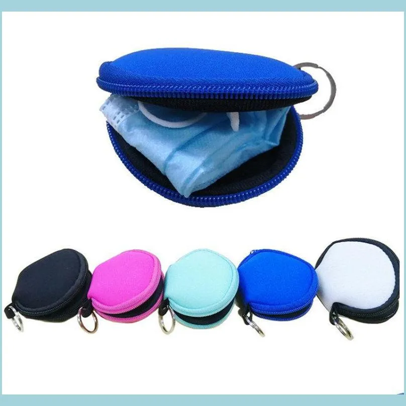 Storage Bags Mtifunctional Neoprene Small Purse Zipper Coin Face Mask Holder For Earphone Bags Pouch With Keyring 100Pcs Drop Deliver Dhtay