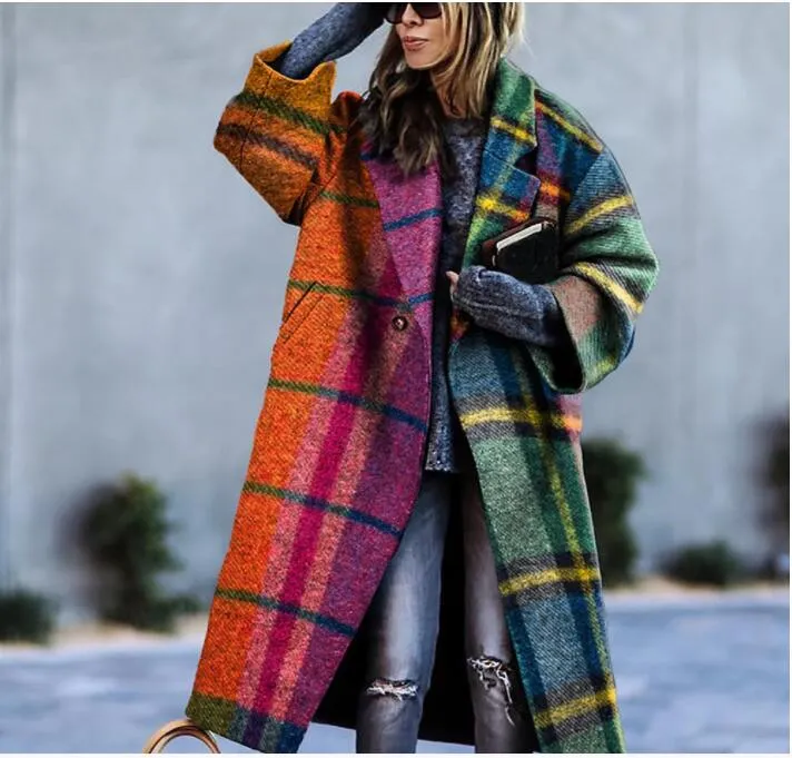 스프링 가을 여성 양모 블렌드 긴 소매 옷깃 문자 인쇄 세련된 턴 다운 칼라 재킷 솔리드 포켓 느슨한 대형 롱웨어 트렌치 코트