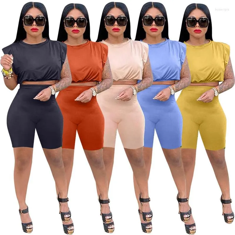 Dames tracksuits dames mode solide tweedelige gewatteerde schouder mouwloos t -shirt en magere motorrijders shorts zomer casual loungewear