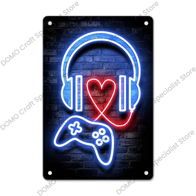 Neon teken gaming gamer metal schilderij vintage metalen tinnen plaat muur kunst decor voor jongens speelkamer huis 20cmx30cm woo