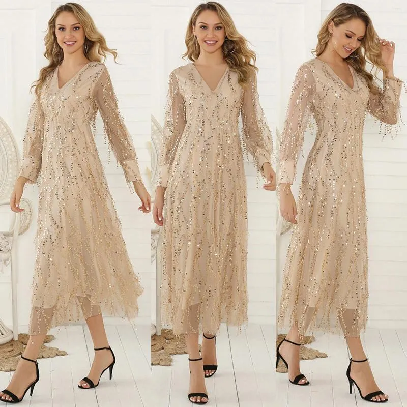 Casual Dresses Women Sequins Glitter Long Deesses Elegant V-neck High Waist Slim Tassel Party Dress Lady Lace Mesh Wedding Prom Gown Maxi