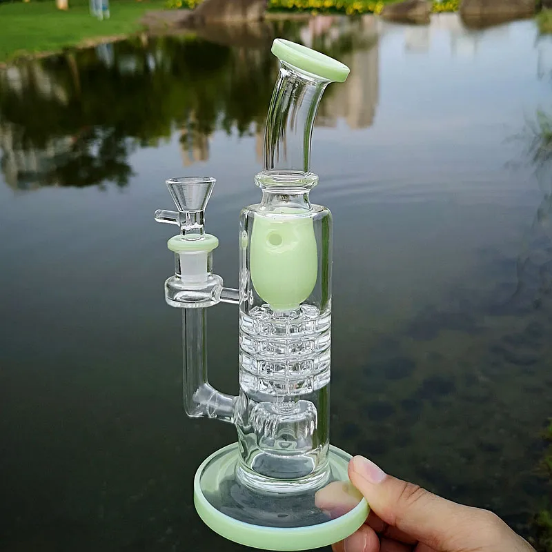 Torus Hookahs Bent Tube Glass Bong Ratchet Percolator Oil Dab Rigs Inverterade duschhuvudr￶kr￶r tjocka glasvattenledningar Gr￶n bl￥ bongs med 14 mm sk￥l