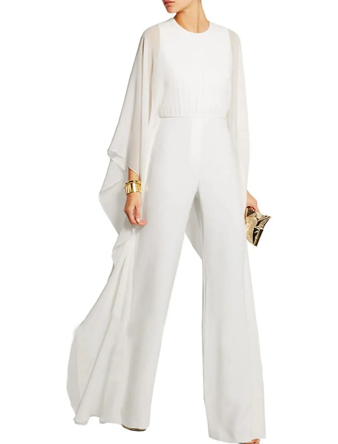 Zarif Şifon Gelin Pantolonun Annesi Empire Bel Kadın Tulumları Düğün Konuk Resmi Gece Elbise Mücevher Boyun Uzun Kollu Beyaz Siyah Balo 2022