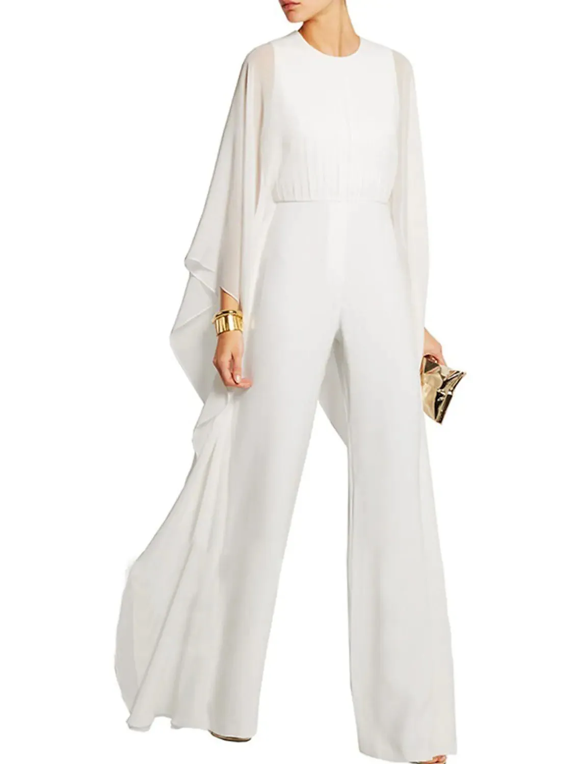 Elegante chiffon moeder van de bruid broek pakken Empire taille dames jumpsuits bruiloft gasten formele avondjurk juweel nek lange mouw witte zwarte prom slijtage 2022