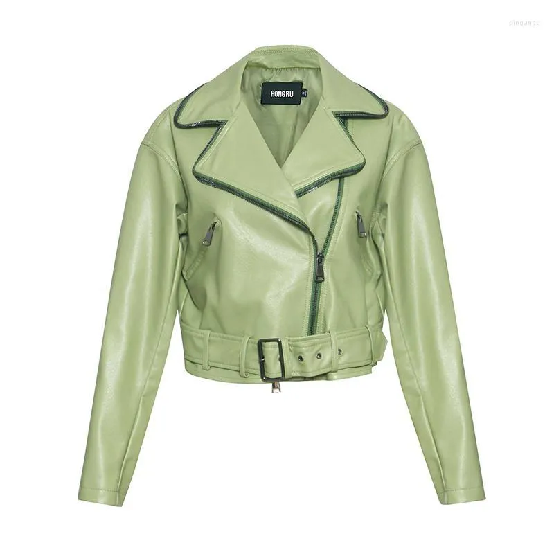 Femmes en cuir femmes Faux 2022 automne veste courte femmes mince ceinturé manches complètes revers PU moto manteau Biker vêtements d'extérieur