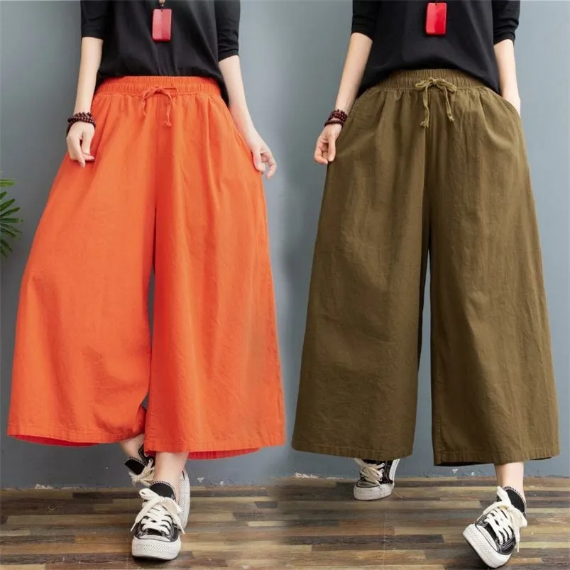 Women's Pants Capris Plus Size Cotton Linen Women Spring High Waist Calf-Length Wide Leg Casual Summer Trousers Streetwear 220916
