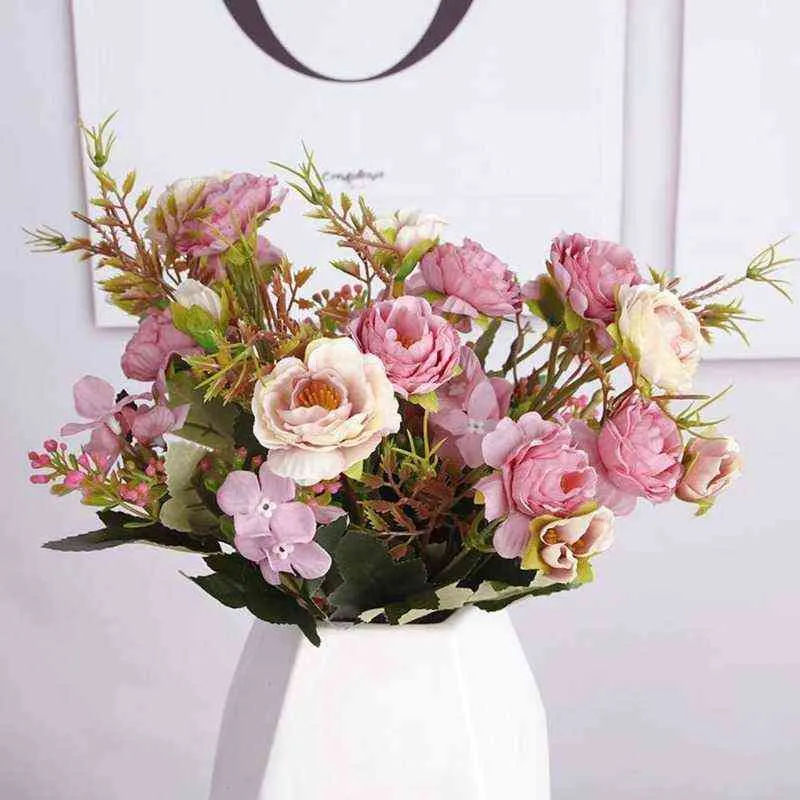 Faux Floral Greenery Rose Bouquet Artificial Peony Silk Flowers Diy Pink Hydrangea Plastic Fake Flowers Home Wedding Decoration Table Centerpieces J220906