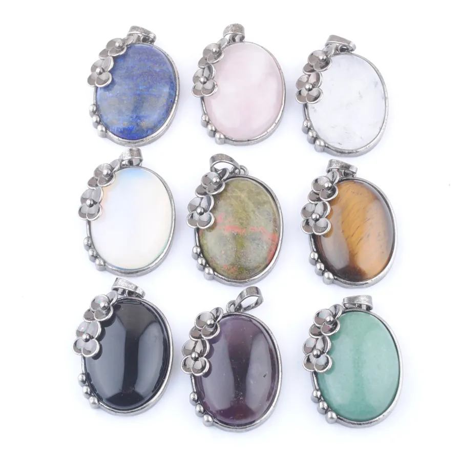 Vintage Egg Shaped Natural Stone Pendant Antique Silvers Color Plated Pendants Flower Charm Jewelry Women Men BN418