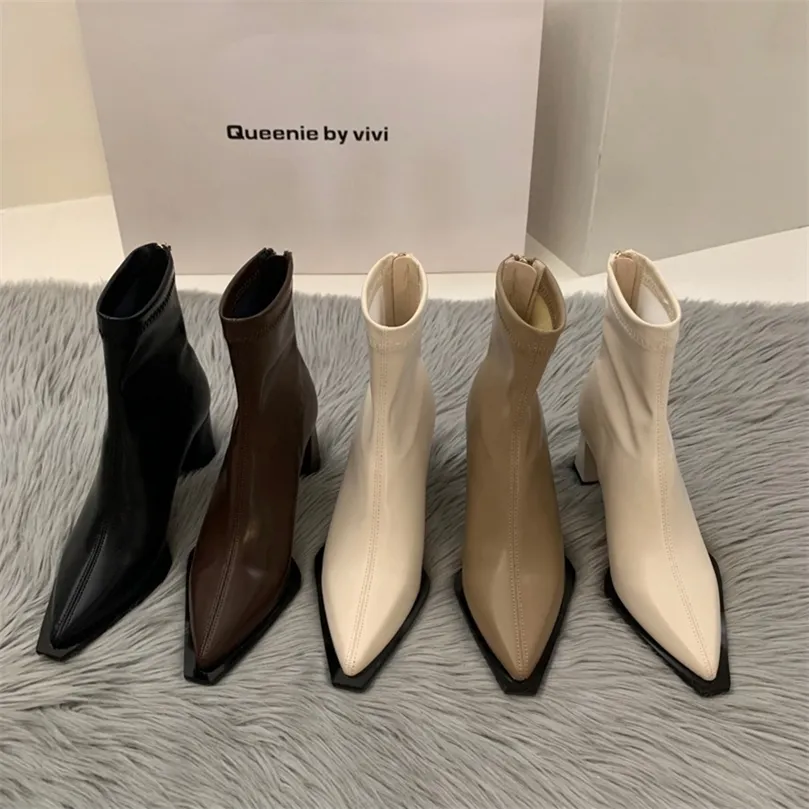 Boots Winter Fashion Pointed Toe Women Slim Stretch Ankle Boots Back Zipper Ladies Casual Short Boots Shoes Square High Heel Pumps 220916