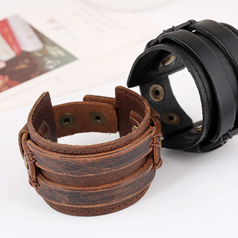 Hand-Leder-Armreif, Manschettenknopf, verstellbar, mehrschichtig, Wickelarmband, für Männer, Frauen und sandigen Modeschmuck