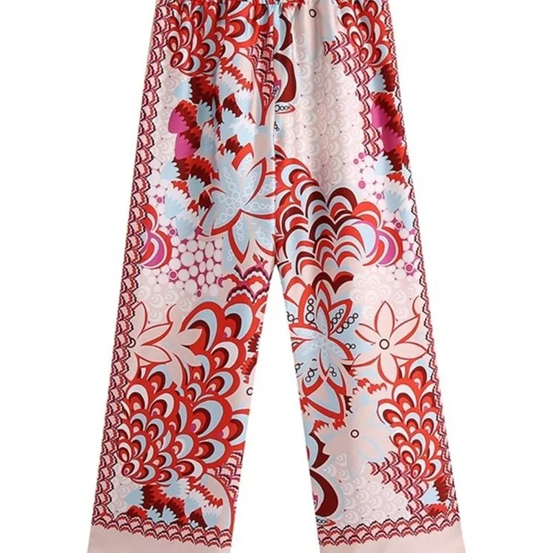 Women's Pants Capris TRAF Women Fashion Patchwork Floral Print Wide Leg Pants Vintage High Elastic Waist Female Ankle Trousers Streetwear 220916