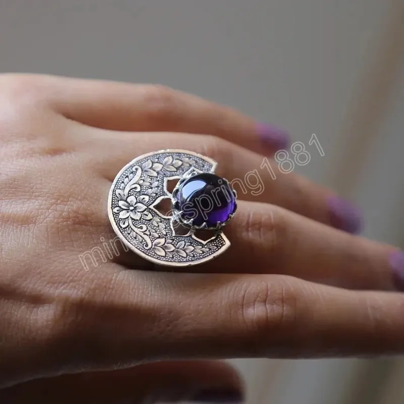 Bague de luxe en cristal violet, bijoux indiens pour femmes, rétro, couleur argent, bagues sculptées, bijoux de Banquet et de mariage, cadeaux féminins