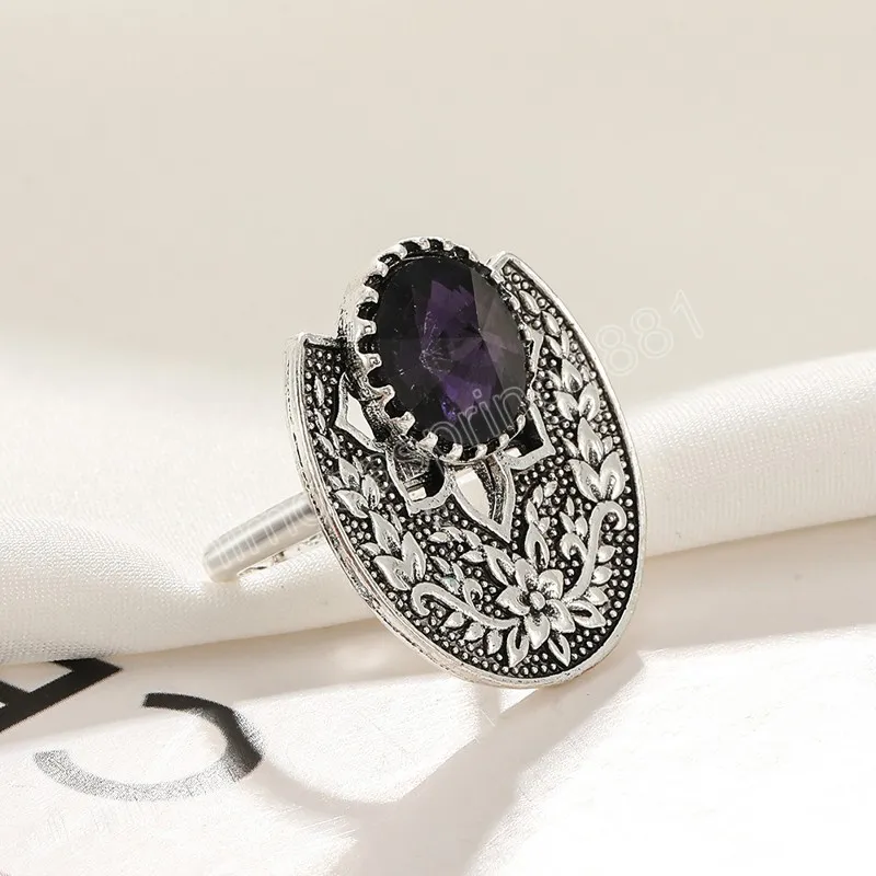 Bague de luxe en cristal violet, bijoux indiens pour femmes, rétro, couleur argent, bagues sculptées, bijoux de Banquet et de mariage, cadeaux féminins