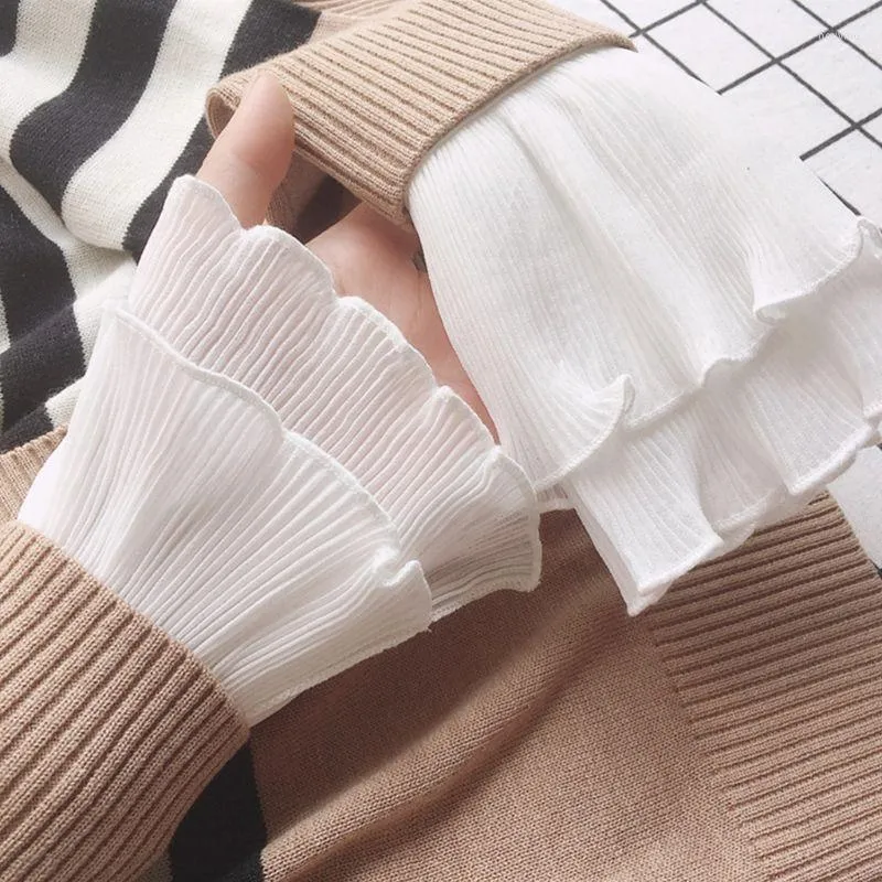 Knee Pads Japanese Women Girls Layered Ribbed Striped Horn Cuffs Agaric Ruffles Wrinkled Solid Color Detachable Fake Sleeve Wrist Warmer