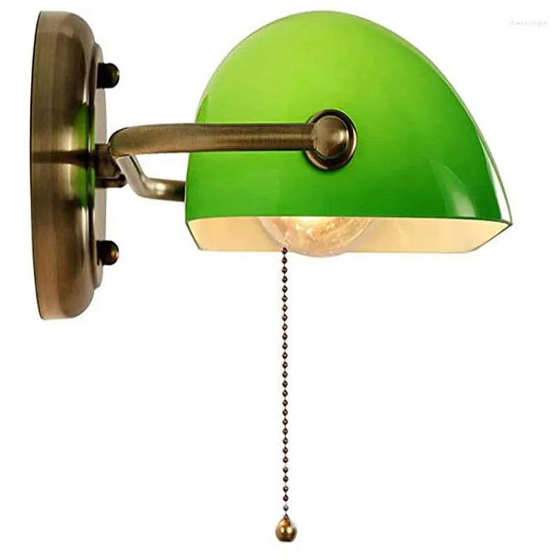 Table Lamps Green Glass Bankers Lamp Shade Adjustable Wall Light With Pull Chain Switch Hard Wired For Bedroom Sconce Fixture