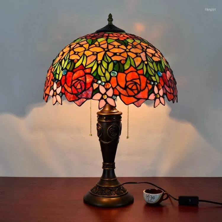 Tischlampen 16 Zoll Rose Blumen Tiffany Lampe Landhausstil Buntglas für Schlafzimmer Nachttisch E27 110-240V