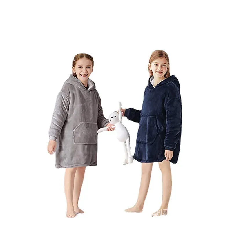 Kids Hoodie Outdoor Winter Hooded Coats Warm Slant Hooded Robe Bathrobe Sweatshirt Fleece Pullover Blanket For Children FY7956