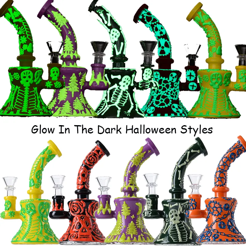 Halloween Style Hookahs Glow In The Dark 6 Inch Unique Glass Bongs Eye Teeth Water Bong Showerhead Perc Oil Rigs Dab Rig 4mm Thick Mini With Bowl