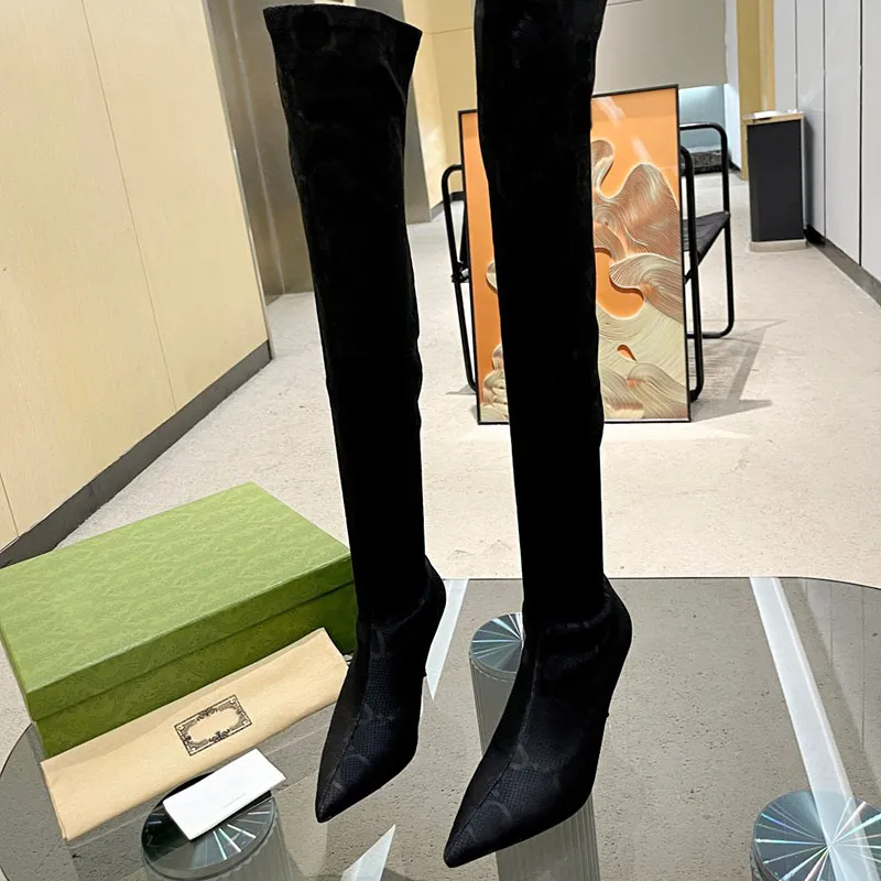 Botas de grife para mulheres Moda de malha Botas de luxo 2022 Botas el￡sticas sexy calcanhar fino 8 cm coxa de bota alta el￡stica respir￡vel