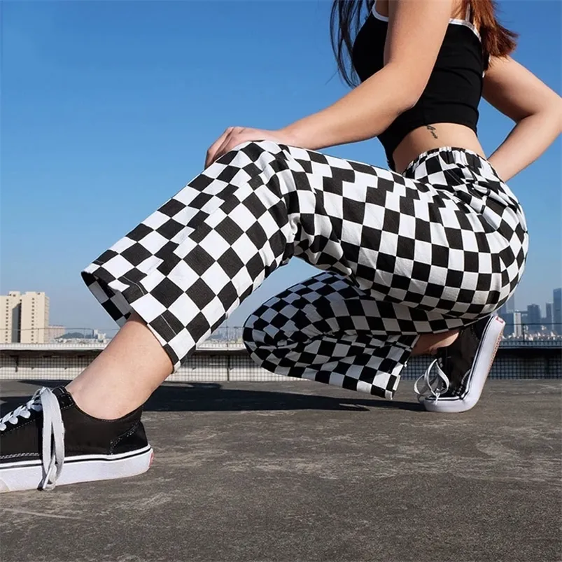 Damenhosen Capris Plaid Reißverschluss Karierte gerade Hosen Frauen elastische beiläufige dünne Taschen lange Hosen Schwarz Weiß Bleistift Pantalon Femme 220916