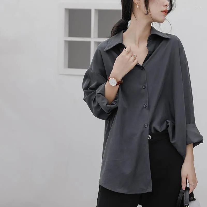 Blouses voor dames koude wind retro textuur doorzakken grijs shirt vrouwen losse lange mouwen Lazy Spring en herfstjas Hong Kong-smaak