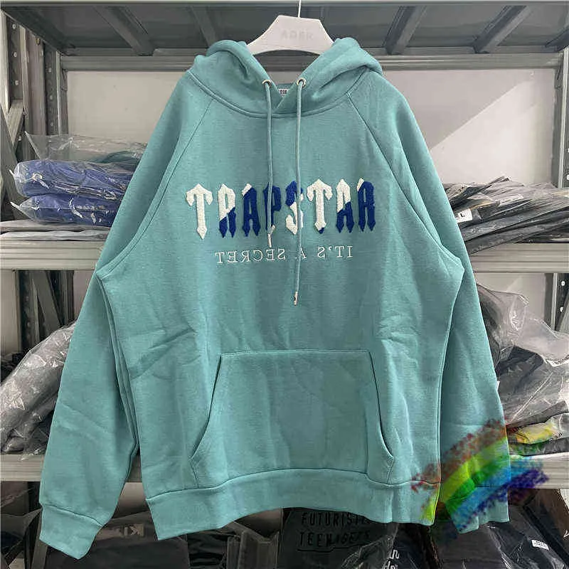 Men's Cyan-blue Towel Embroidered Trapstar Hoodie Men Colorful Sweater Hooded