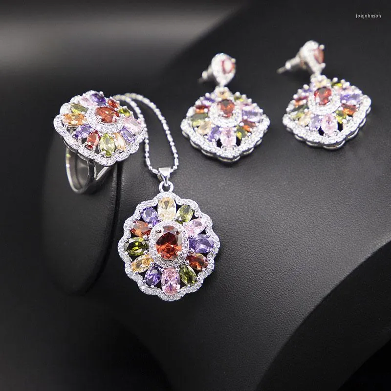 Ketting oorbellen set glanzend cz luxe hofontwerp multi color 925 postzegel zilveren sieraden ring bruiloft/jubileumcadeau