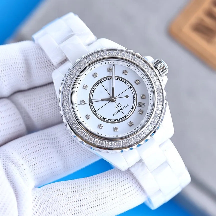 패션 우아한 여성용 시계 38mm 기계식 무브먼트 세라믹 스트랩 사파이어 크리스탈 굴 영원한 디자이너 럭셔리 시계 인기 Montre de luxe