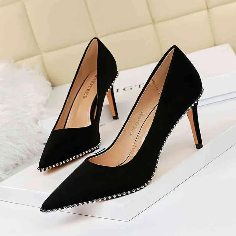 1829-a5 Sandals Women's Shoes Thin Heels High Suede Shallow Mouth Pointed Metal Beads Night Club Sexy Single