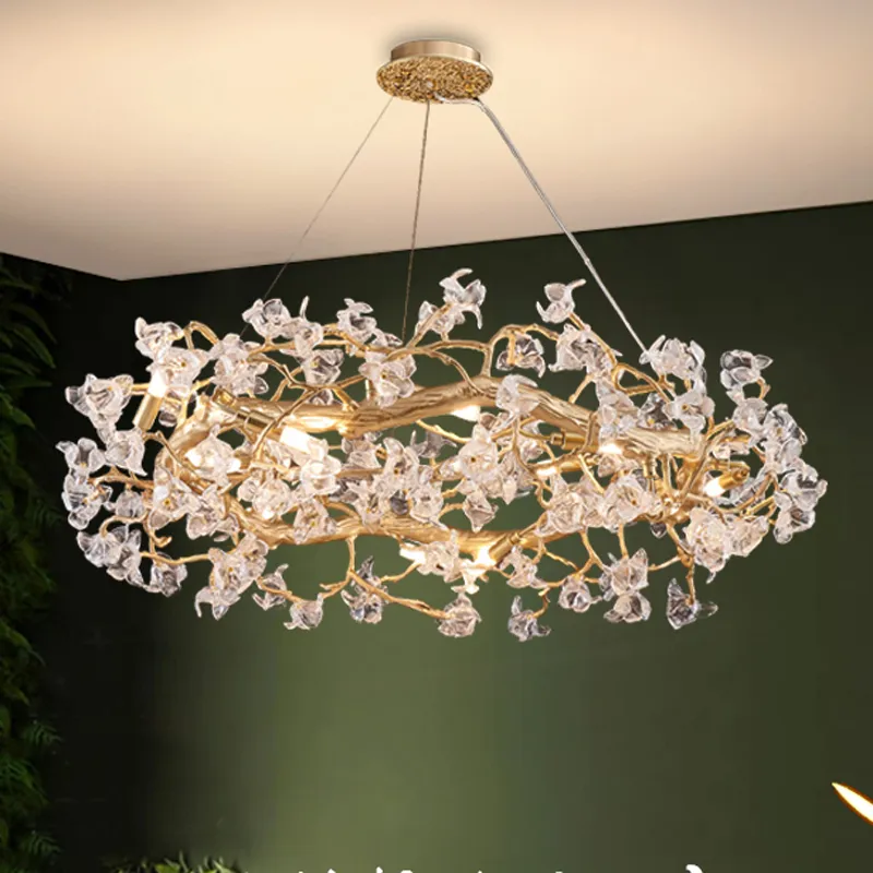 Romantische kristal kroonluchters artistieke bloemronde kroonluchter lichten armatuur amerikale hangende lampen European Art Deco Droplight Diameter 60 cm tot 120 cm