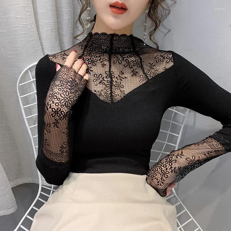 Women's Sweaters Sexy Lace Stitching Sweater Shirt 2022 Spring Half Turtleneck Female Long-Sleeved Render Unlined Slim Elegant Top