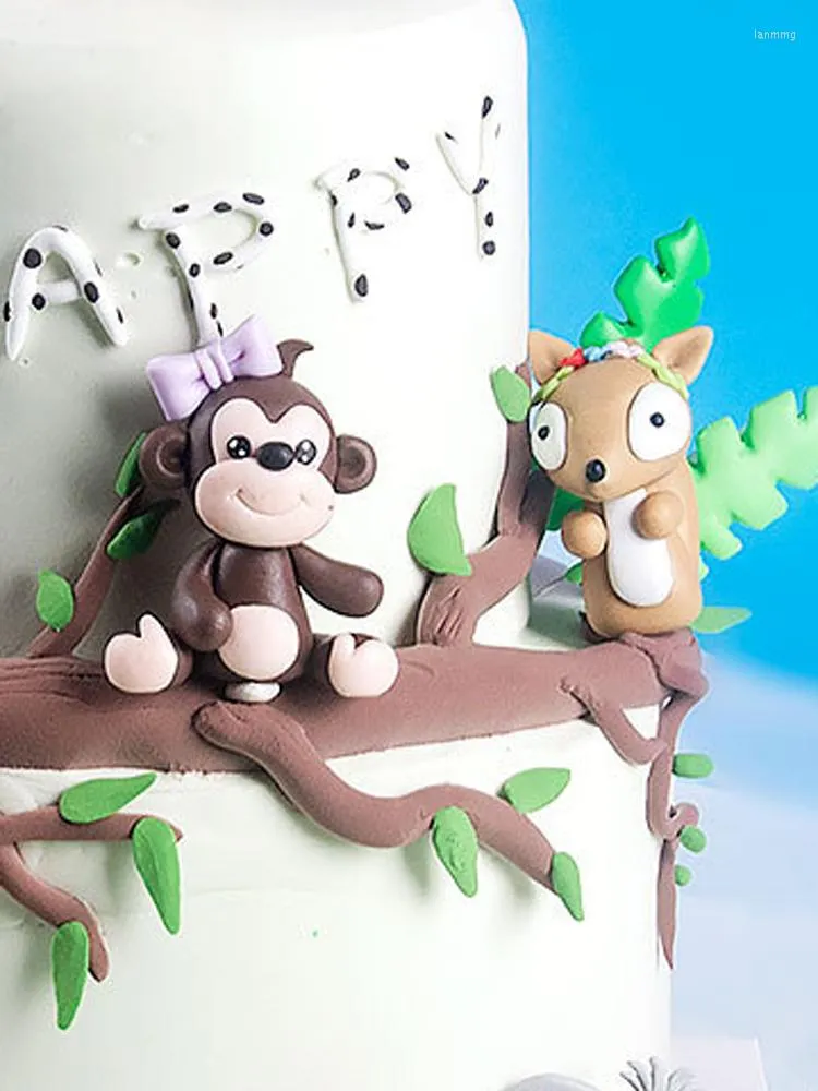 Festive Supplies Cartoon Animal Cake Topper Happy Birthday Decoration Party Leaves Boy Accessories Baking Decor Jungle Baby Shower Wild Kid