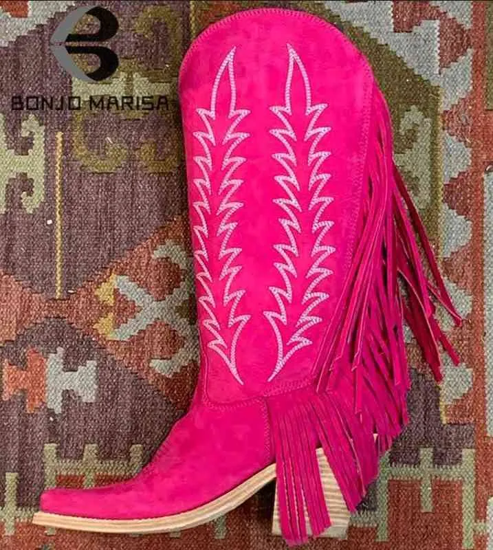 Stivali Stivali western ricamati per le donne Cowboy Cow Girls Fringe Tassel Design Stivali alti al ginocchio alla caviglia Vintage Scarpe nuove di zecca Comode T220915
