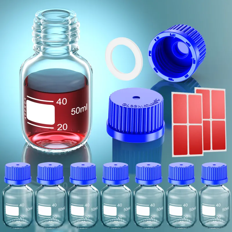 Laborbedarf, GL45, GL32, GL25, runde Medien-Aufbewahrungsflaschen, Aufbewahrungsglasflasche mit blauem Schraubverschluss, 25 ml, 50 ml, 100 ml, 250 ml, 500 ml, 1000 ml
