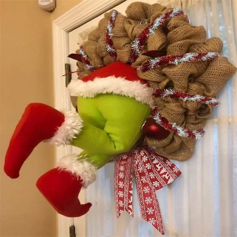 Weihnachtsdekorationen, Weihnachtsdieb hat Grinch gestohlen, Plüschbein, Stofftier, Puppendekoration, stecken in Sackleinen, Kranz, Reifen, Weihnachtsdekoration, Tür, Heimdekoration, Ornamente 220916