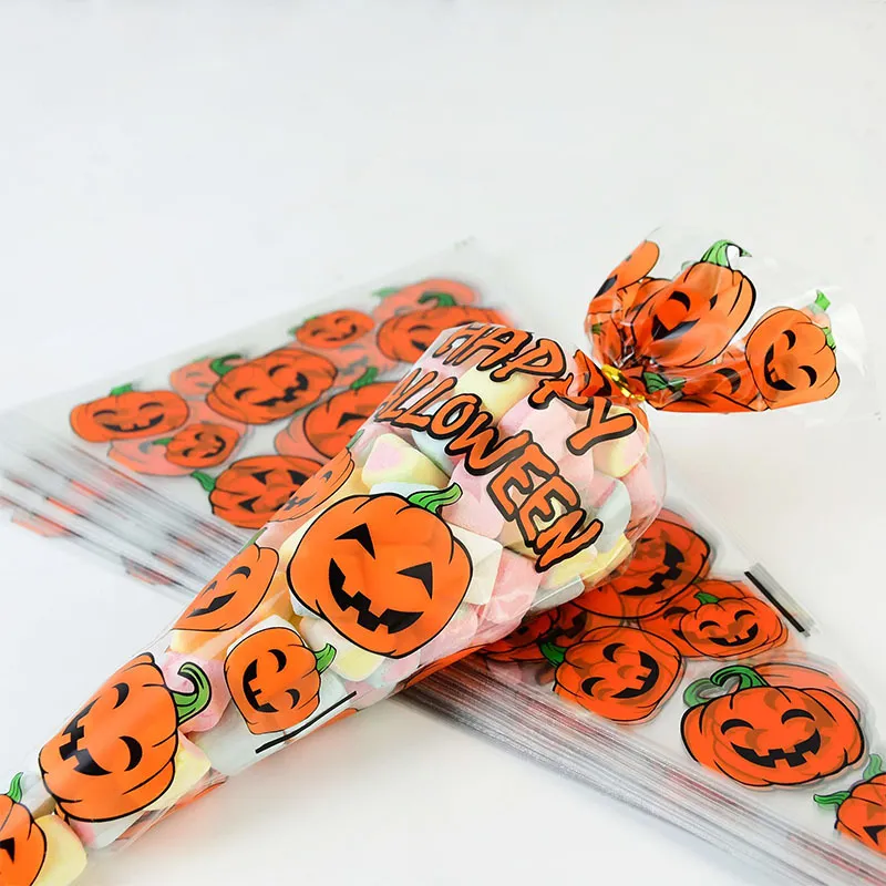 100pcs Pumpkin Bat Print Halloween Gift Bags Plastic Cone Bag Cookie Candy Chocolate Package Treat Bags Halloween Party Supplies