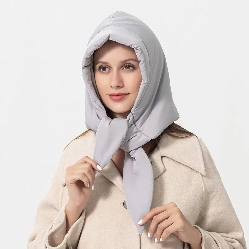 Turban matelassé d'hiver, écharpe en duvet, bonnet, bonnet triangulaire en coton moelleux pour femme, châle léger et chaud